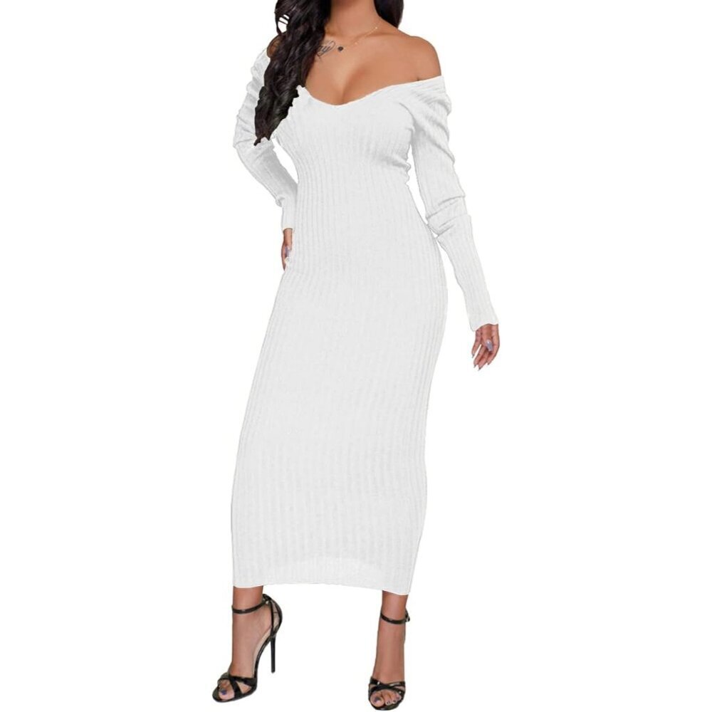 Women's Knit Sweater Dress Off Shoulder Slim Fit Midi Casual Formal Wear